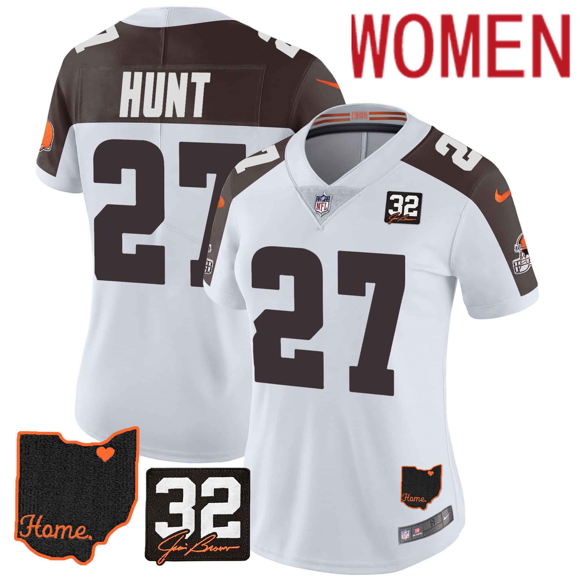 Women Cleveland Browns #27 Hunt White Memorial Home Patch 2024 Nike NFL Jersey style 1